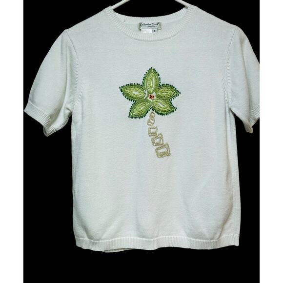 Coldwater Creek White Short Sleeve Sweater Small Embroidered‎ Tree Design - Picture 1 of 9